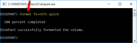 Format fs=ntfs quick