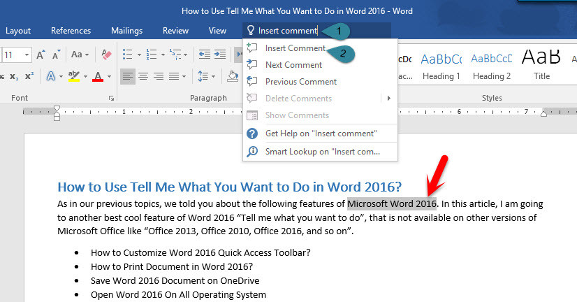 using comments feature in word 2016