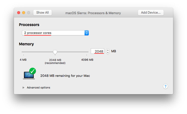 recommended ram for os x vm
