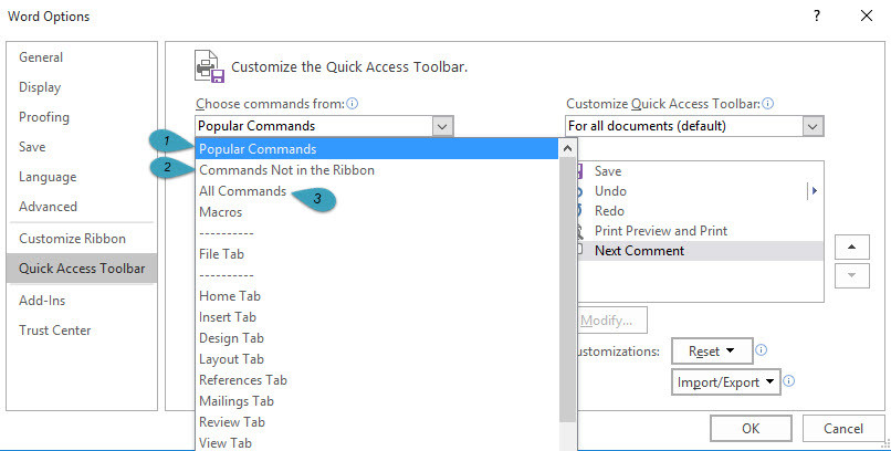 Personnalisation De La Barre D'Outils D'Accès Rapide De Word 2016