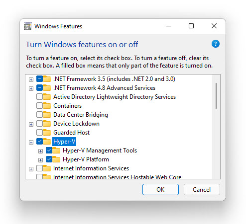 Choose Hyper V In Windows Features