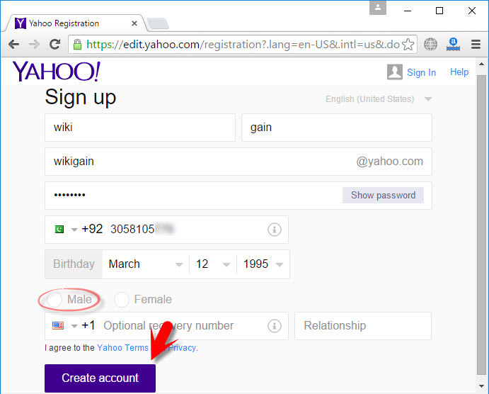 Yahoo Registration Window