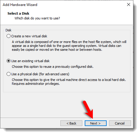 Select Use An Existing Virtual Disk