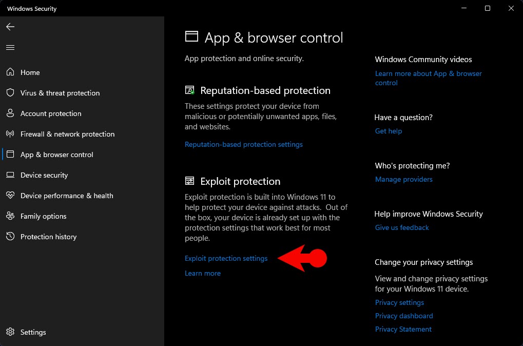 Access Exploit Protection Settings