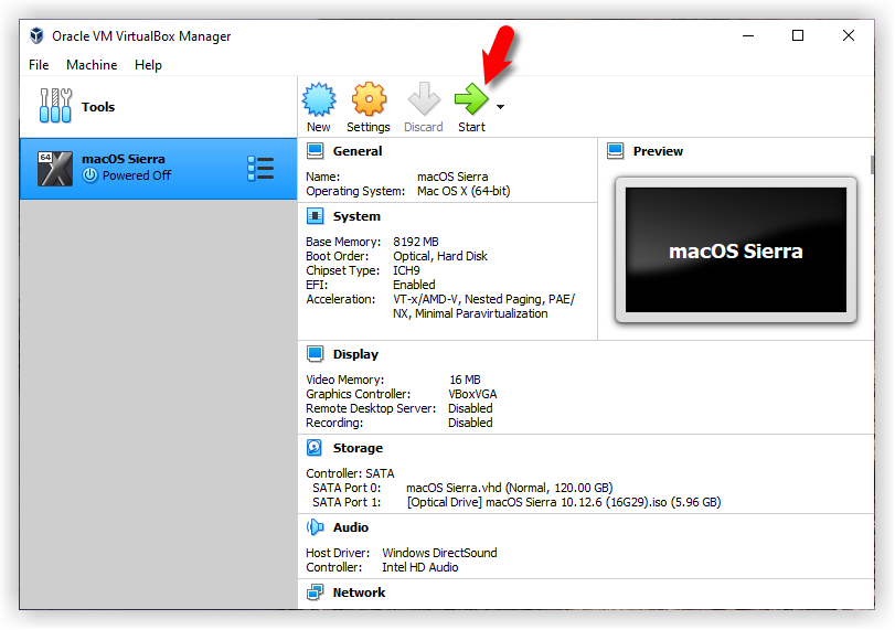 Start the macOS Sierra VM