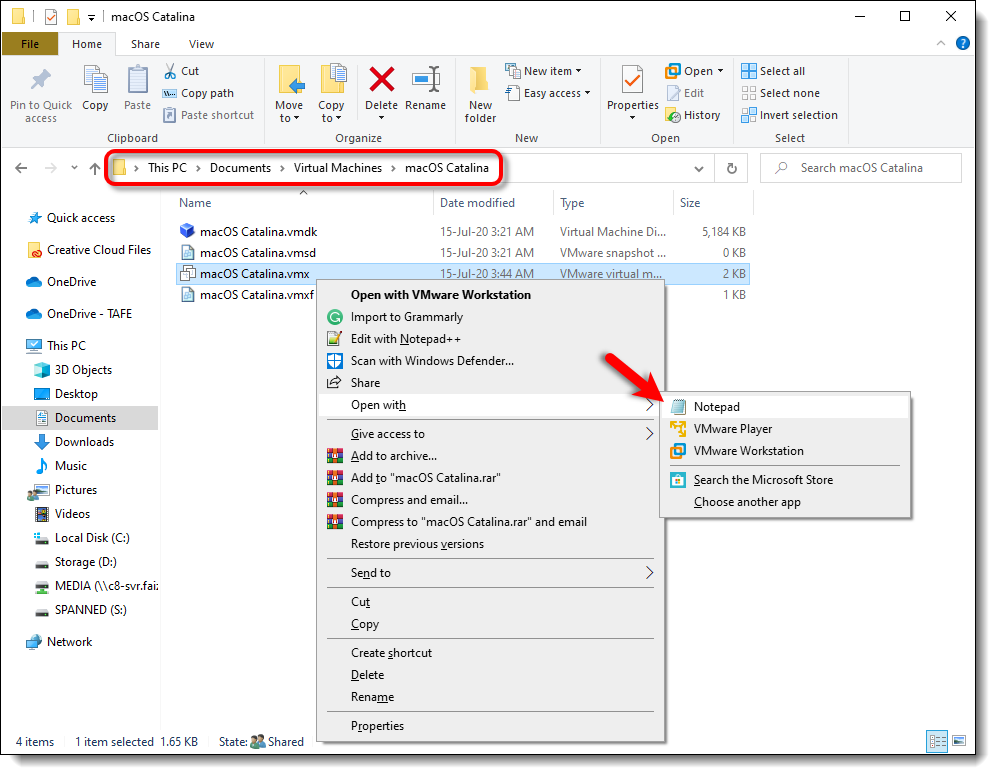 Open macOS Catalina VMX with NotePad